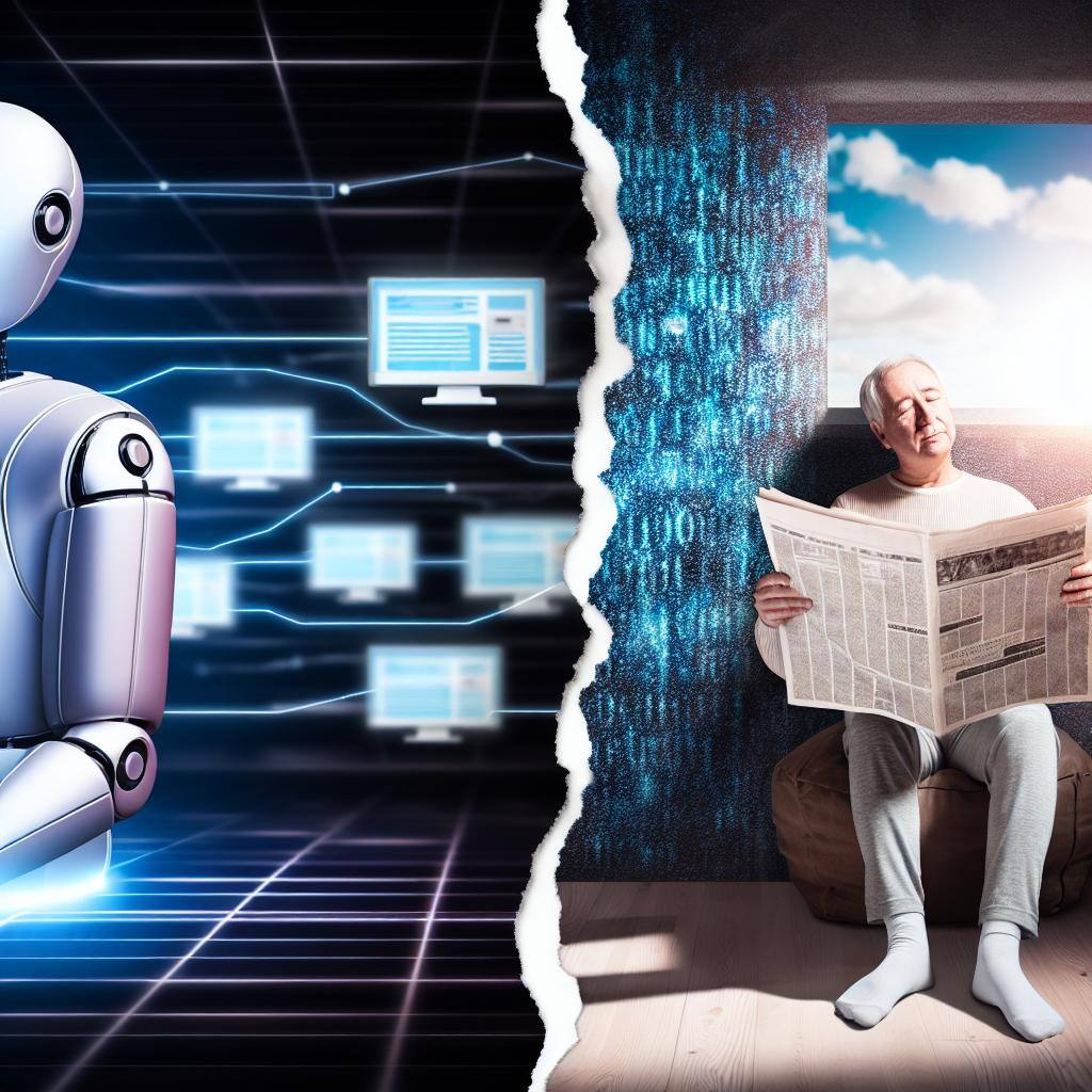 on one side show image of AI spreading disinformation and on the other side someone happy reading a newspaper