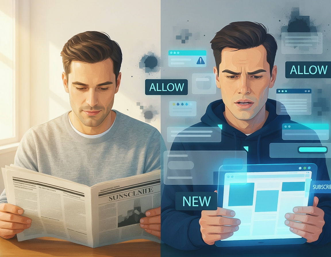 Firefly_Create a split-scene editorial illustration contrasting a person reading a physical n 583894