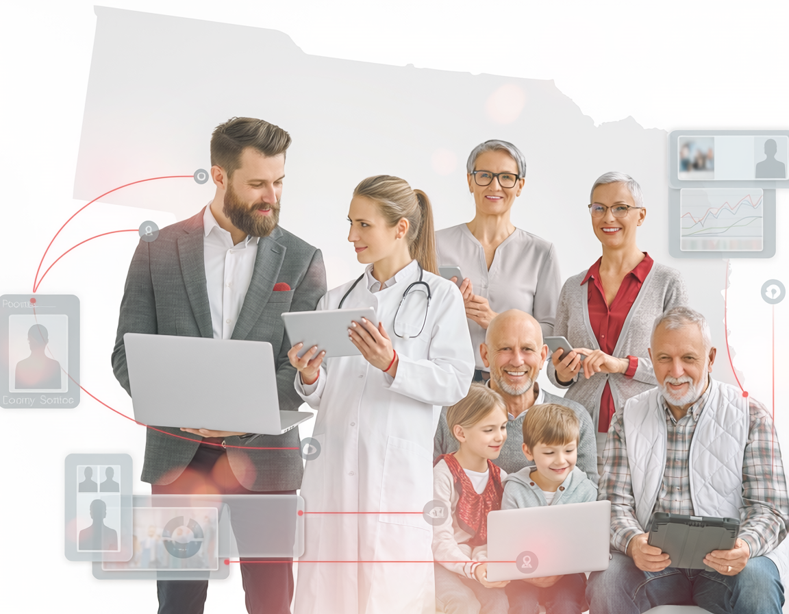 Firefly_Nebraska map subtly integrated into the background, with  business owners, healthcare 875268